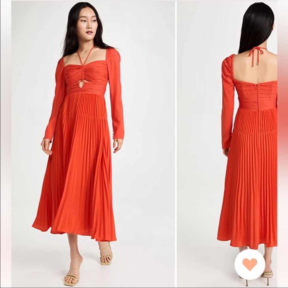 NWOT Self-Portrait Halterneck Orange Longsleeve dress cutout pleated crepe midi